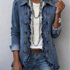 Medium blue ruffled button-front jacket with point collar and adjustable cuffs