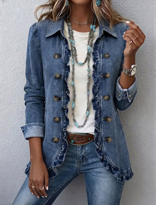 Medium blue ruffled button-front jacket with point collar and adjustable cuffs