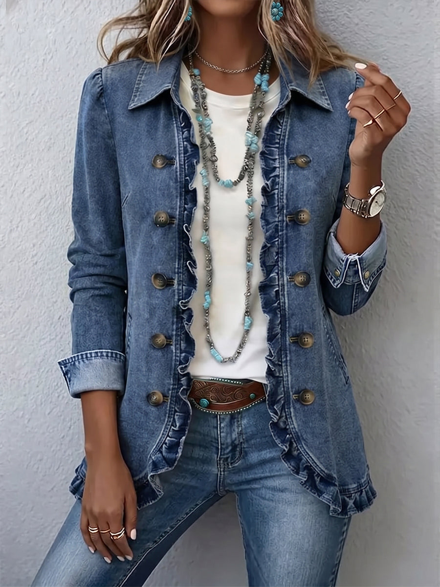 Medium blue ruffled button-front jacket with point collar and adjustable cuffs