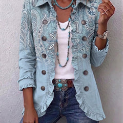 Sky blue vintage paisley print ruffled jacket with shirt collar and roll-up sleeves