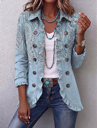 Sky blue vintage paisley print ruffled jacket with shirt collar and roll-up sleeves
