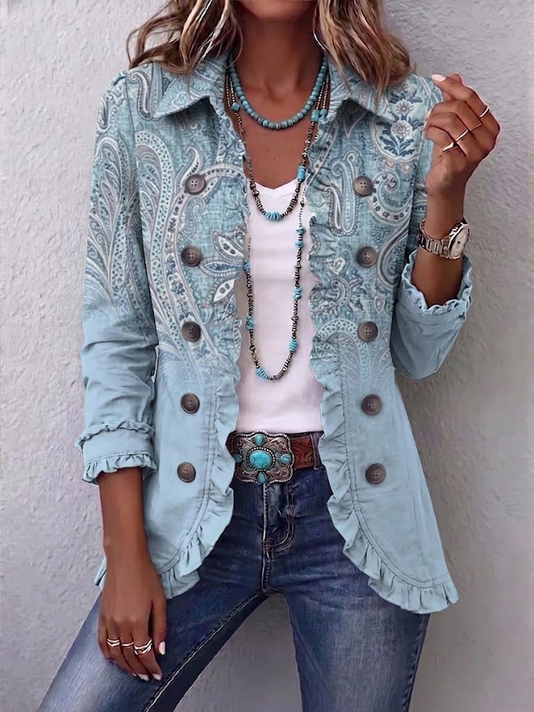 Sky blue vintage paisley print ruffled jacket with shirt collar and roll-up sleeves