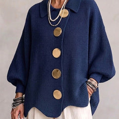 Oversized chunky knit collared cardigan with large gold-tone buttons and lantern sleeves