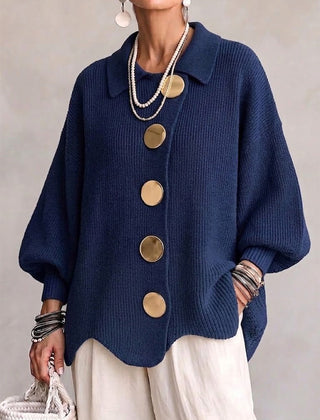 Oversized chunky knit collared cardigan with large gold-tone buttons and lantern sleeves