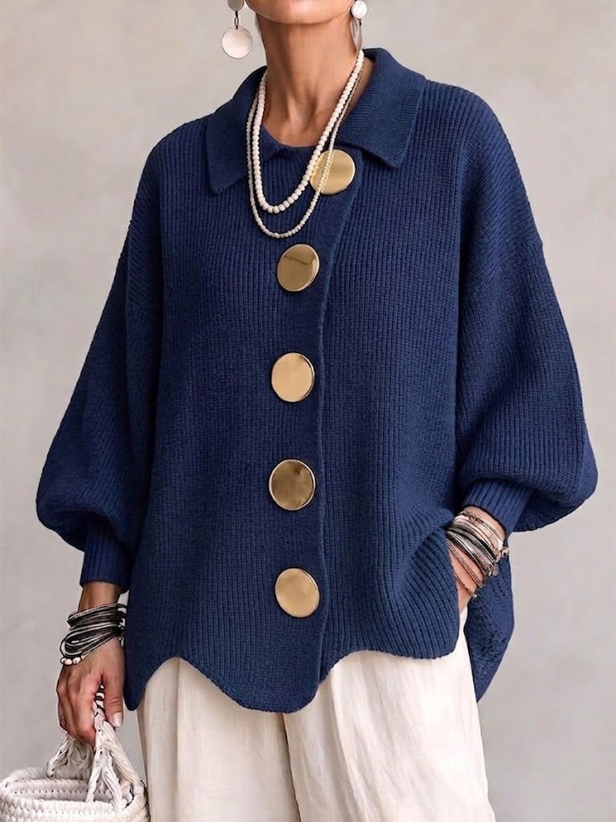Oversized chunky knit collared cardigan with large gold-tone buttons and lantern sleeves