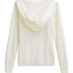 Corabelle cable-knit V-neck hooded sweater in a relaxed fit, shown in neutral tones