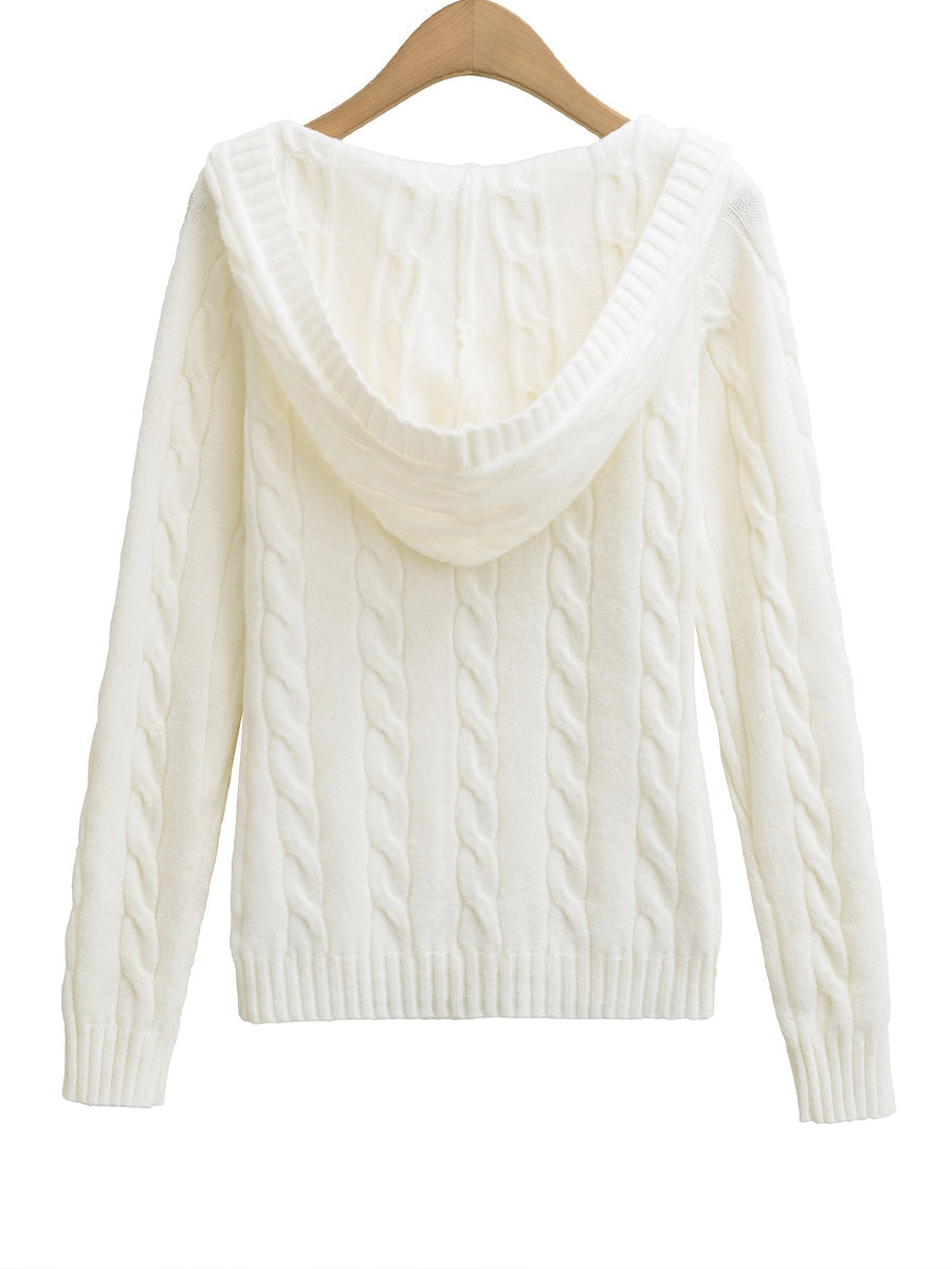 Corabelle cable-knit V-neck hooded sweater in a relaxed fit, shown in neutral tones