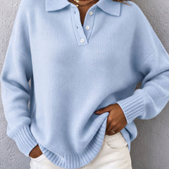 Women's polo hooded knit sweater with ribbed neckline, cuffs and hem in a relaxed fit