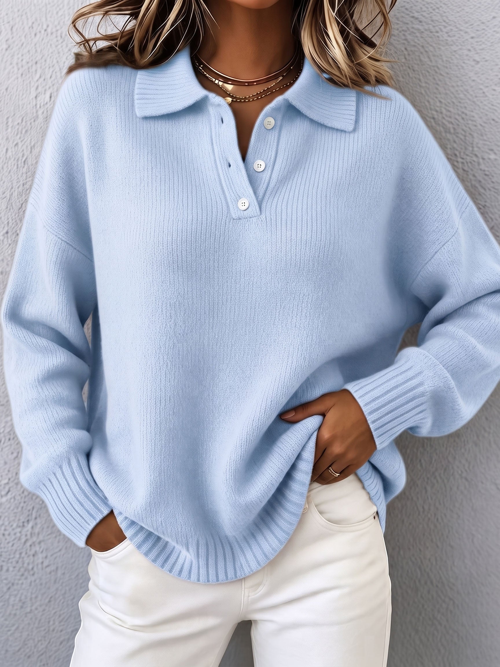 Women's polo hooded knit sweater with ribbed neckline, cuffs and hem in a relaxed fit