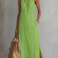 Jimena relaxed embroidered midi dress with mandarin collar and sleeveless cut