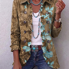 Olive and turquoise floral boho jacket with ruffled placket, cuffs and hip-length hem