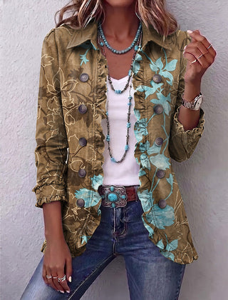 Olive and turquoise floral boho jacket with ruffled placket, cuffs and hip-length hem