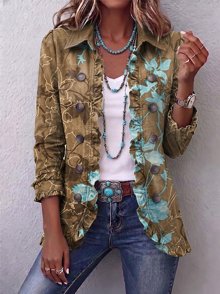 Olive and turquoise floral boho jacket with ruffled placket, cuffs and hip-length hem