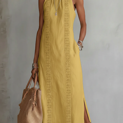 Jimena relaxed embroidered midi dress with mandarin collar and sleeveless cut