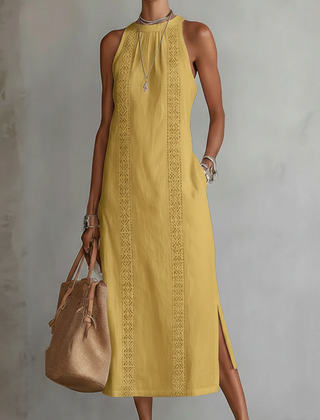 Jimena relaxed embroidered midi dress with mandarin collar and sleeveless cut