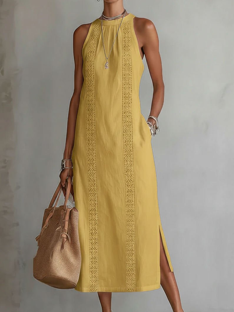 Jimena relaxed embroidered midi dress with mandarin collar and sleeveless cut