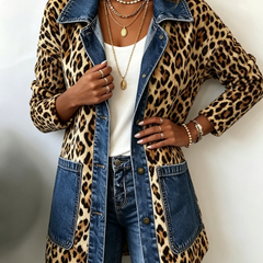 Leopard print longline jacket with blue denim panel detailing and relaxed fit