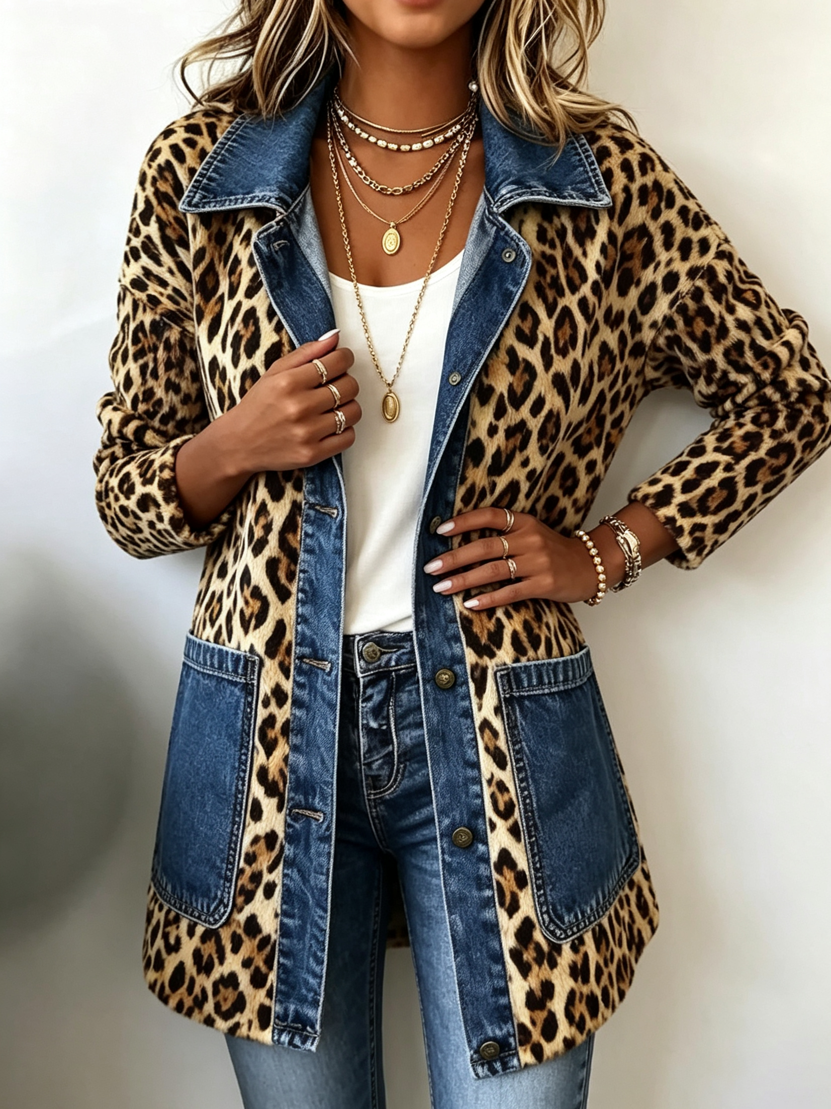 Leopard print longline jacket with blue denim panel detailing and relaxed fit