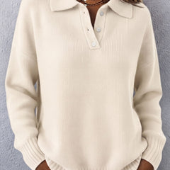 Women's polo hooded knit sweater with ribbed neckline, cuffs and hem in a relaxed fit