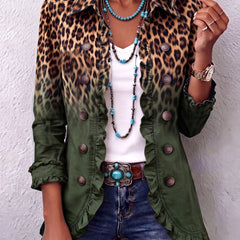 Fitted leopard ombre print blazer jacket with ruffle trim and gently flared hem