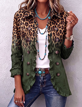 Fitted leopard ombre print blazer jacket with ruffle trim and gently flared hem