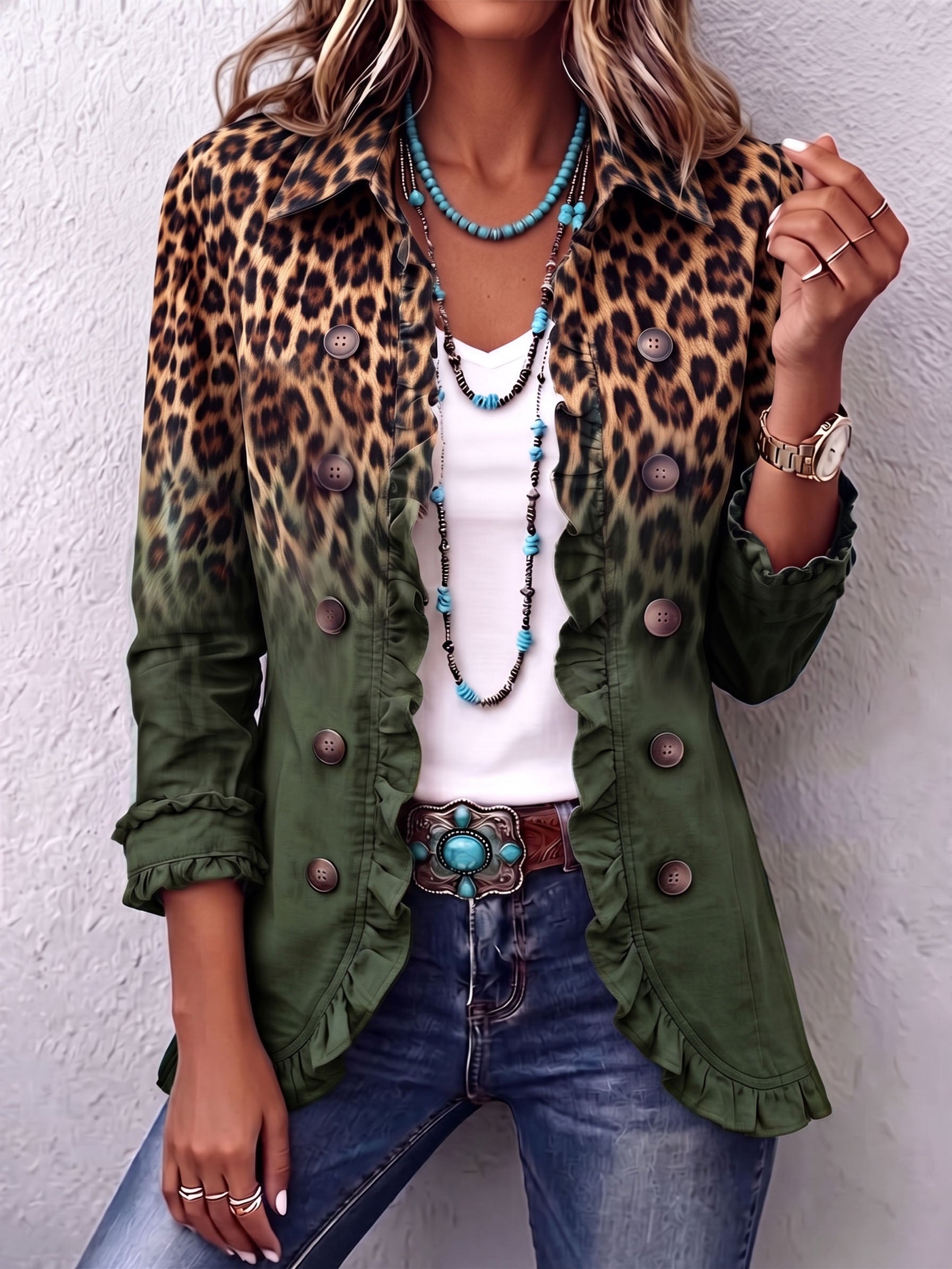 Fitted leopard ombre print blazer jacket with ruffle trim and gently flared hem