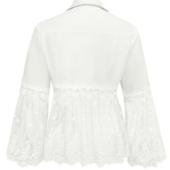 White lace-panel jacket with floral trim, sheer tulle hem and three-quarter flared sleeves