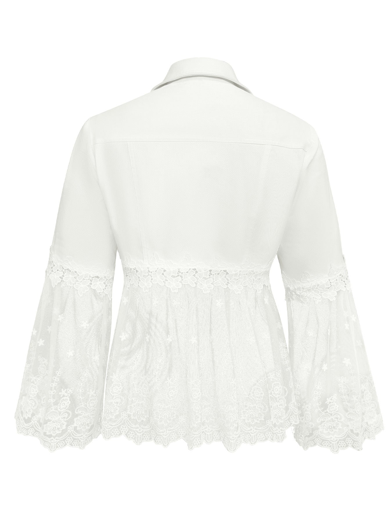 White lace-panel jacket with floral trim, sheer tulle hem and three-quarter flared sleeves