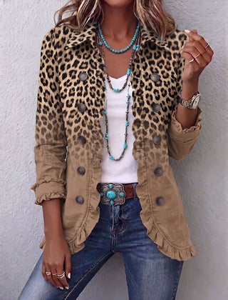 Relaxed-fit leopard gradient ruffle jacket in warm tan with double-breasted chunky buttons