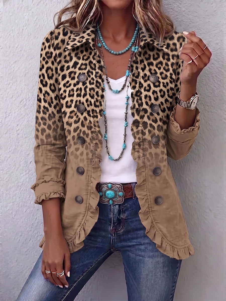 Relaxed-fit leopard gradient ruffle jacket in warm tan with double-breasted chunky buttons