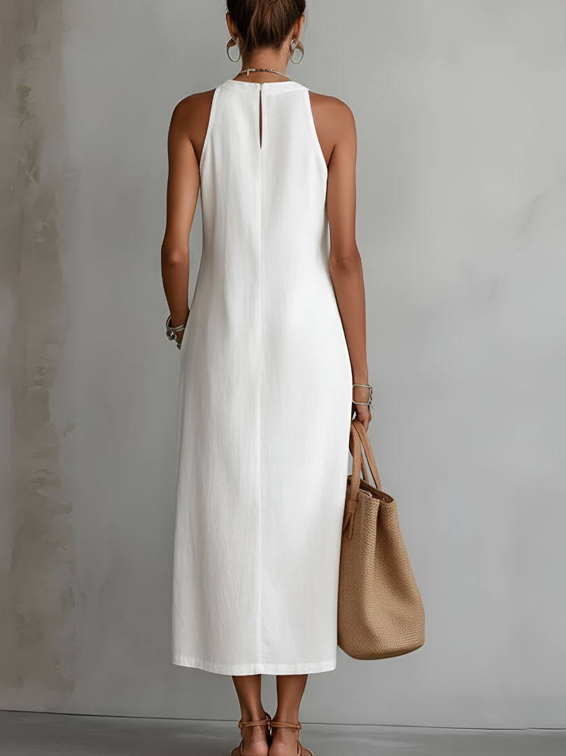 Jimena relaxed embroidered midi dress with mandarin collar and sleeveless cut