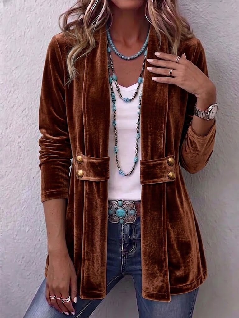 Women's Holliwell vintage lapel open front jacket with button accents and ruched long sleeves