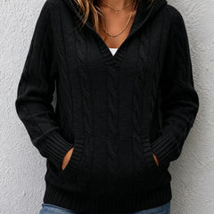 Corabelle cable-knit V-neck hooded sweater in a relaxed fit, shown in neutral tones