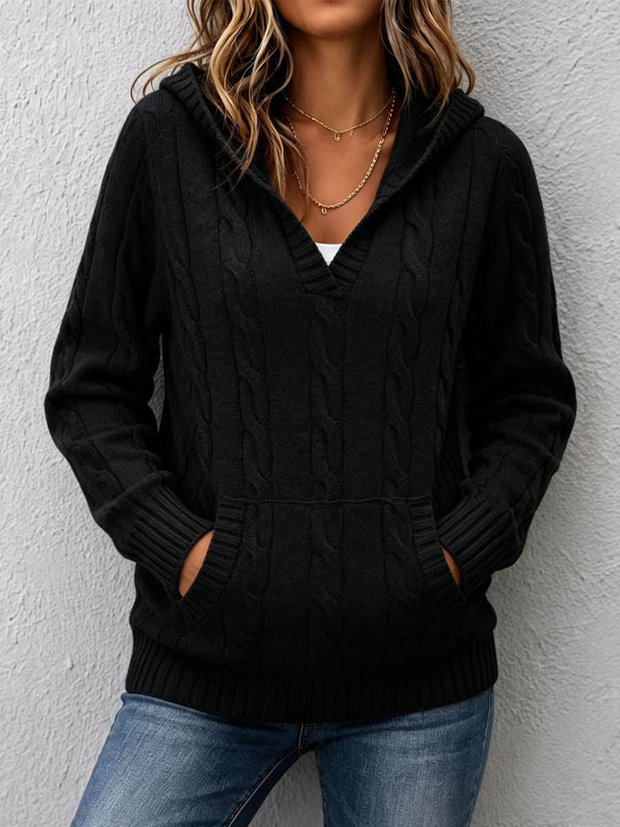 Corabelle cable-knit V-neck hooded sweater in a relaxed fit, shown in neutral tones
