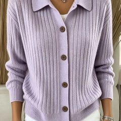Blue ribbed collared button-down cardigan sweater with a relaxed fit