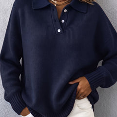 Women's polo hooded knit sweater with ribbed neckline, cuffs and hem in a relaxed fit
