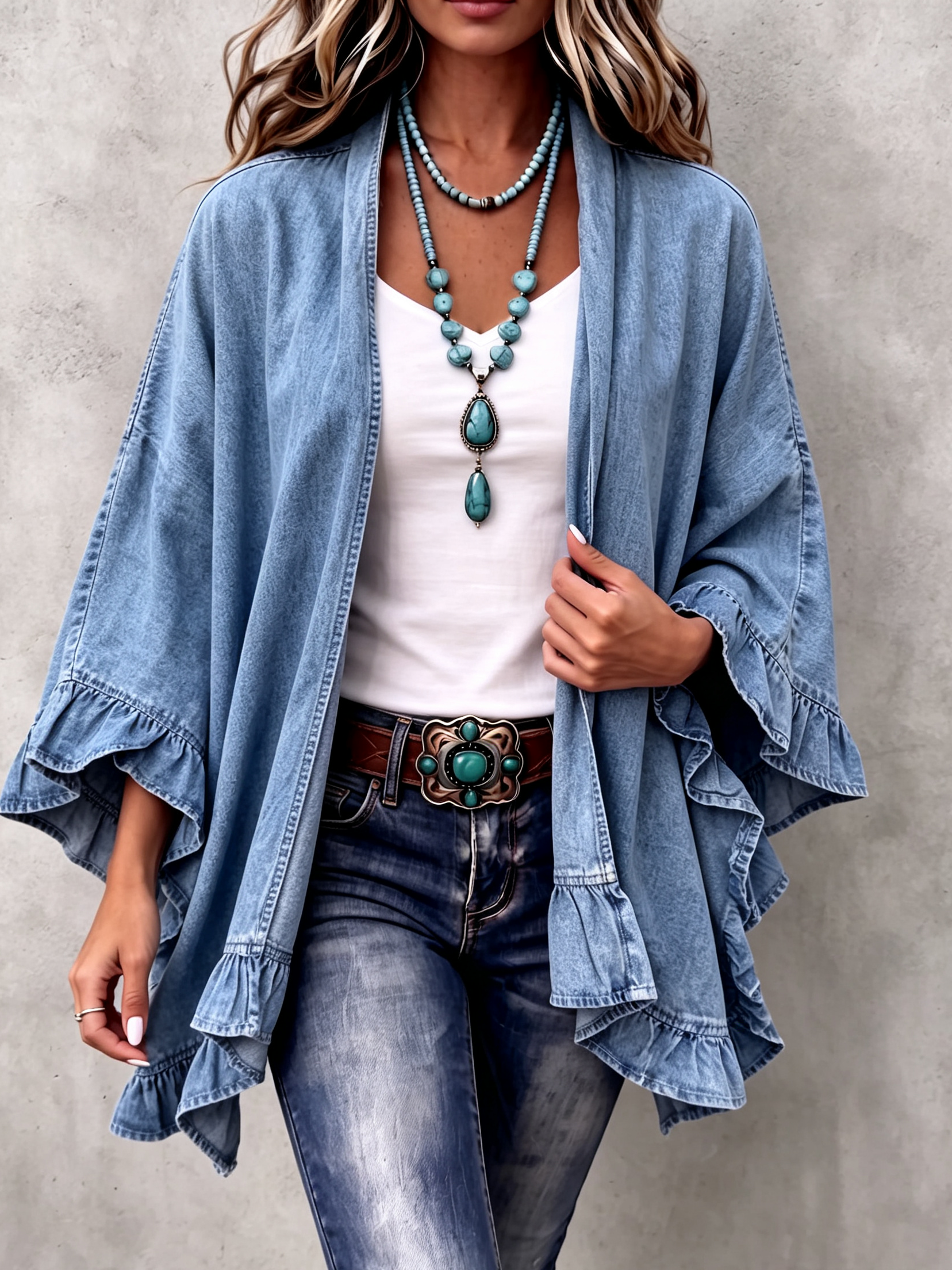 Corinne | Chic Boho Denim Ruffle Trim Cardigan
