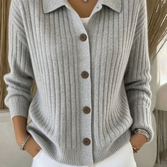 Blue ribbed collared button-down cardigan sweater with a relaxed fit