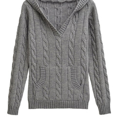 Corabelle cable-knit V-neck hooded sweater in a relaxed fit, shown in neutral tones