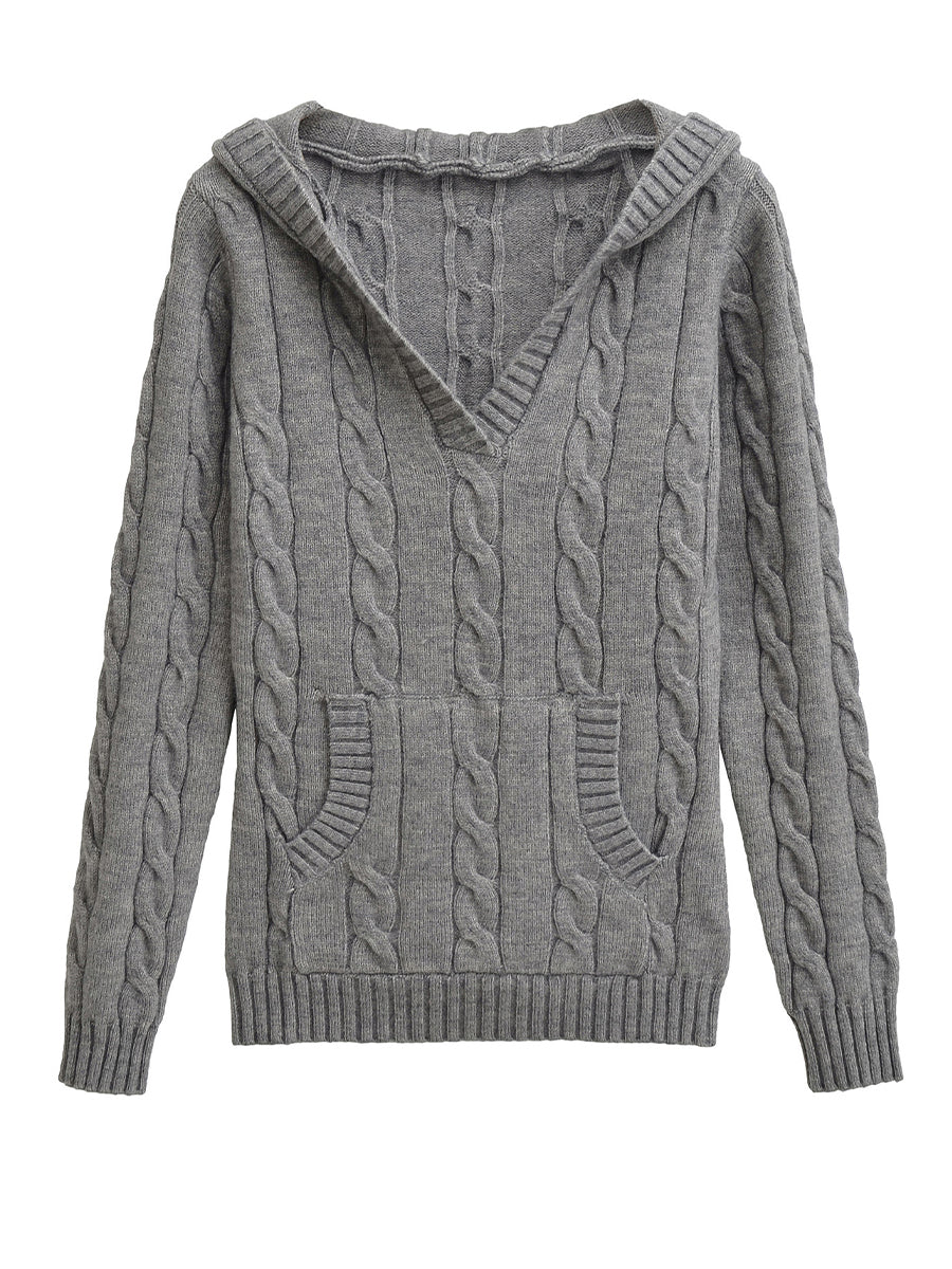 Corabelle cable-knit V-neck hooded sweater in a relaxed fit, shown in neutral tones