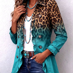 Fitted leopard ombre print blazer jacket with ruffle trim and gently flared hem