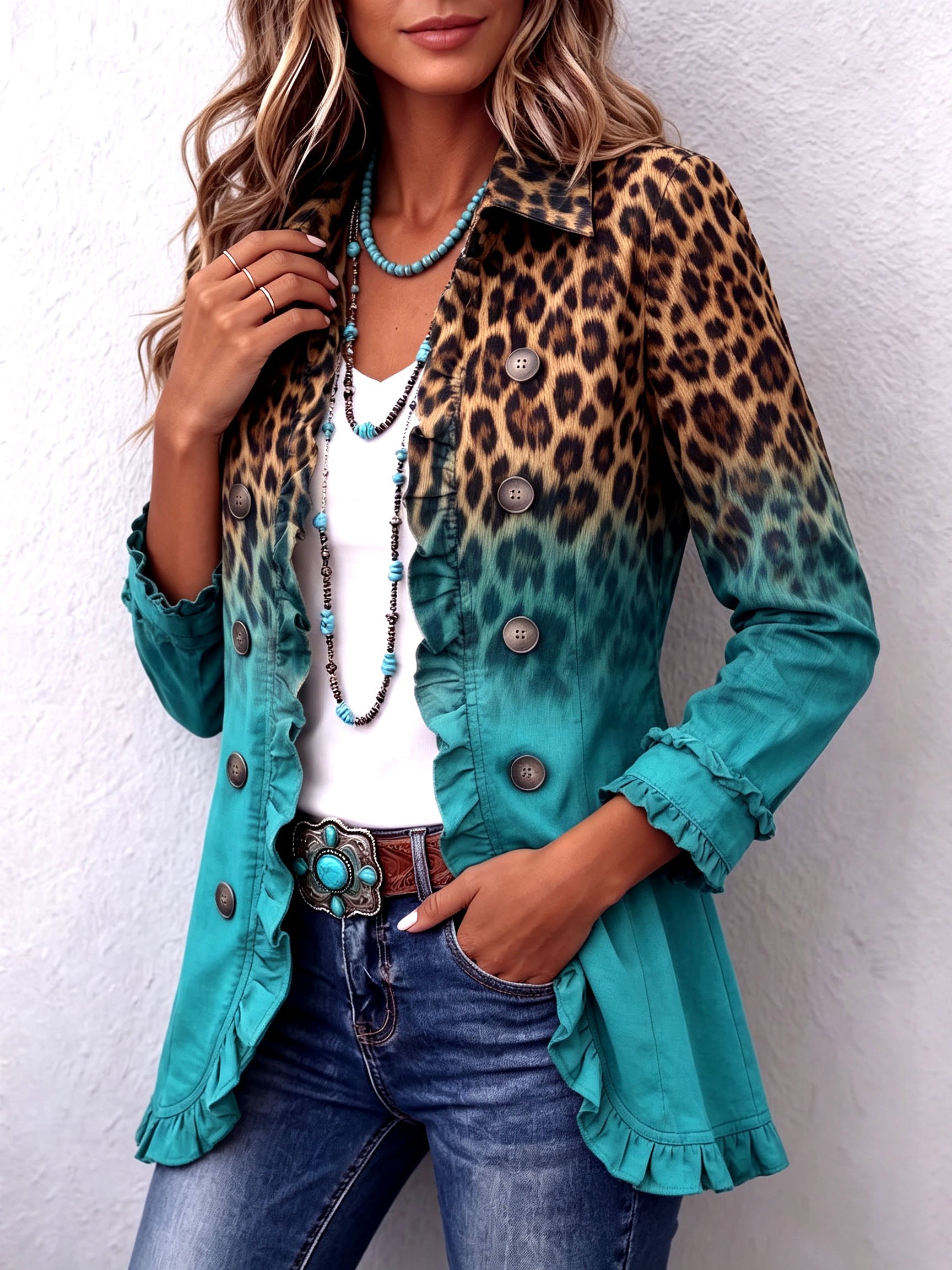 Fitted leopard ombre print blazer jacket with ruffle trim and gently flared hem