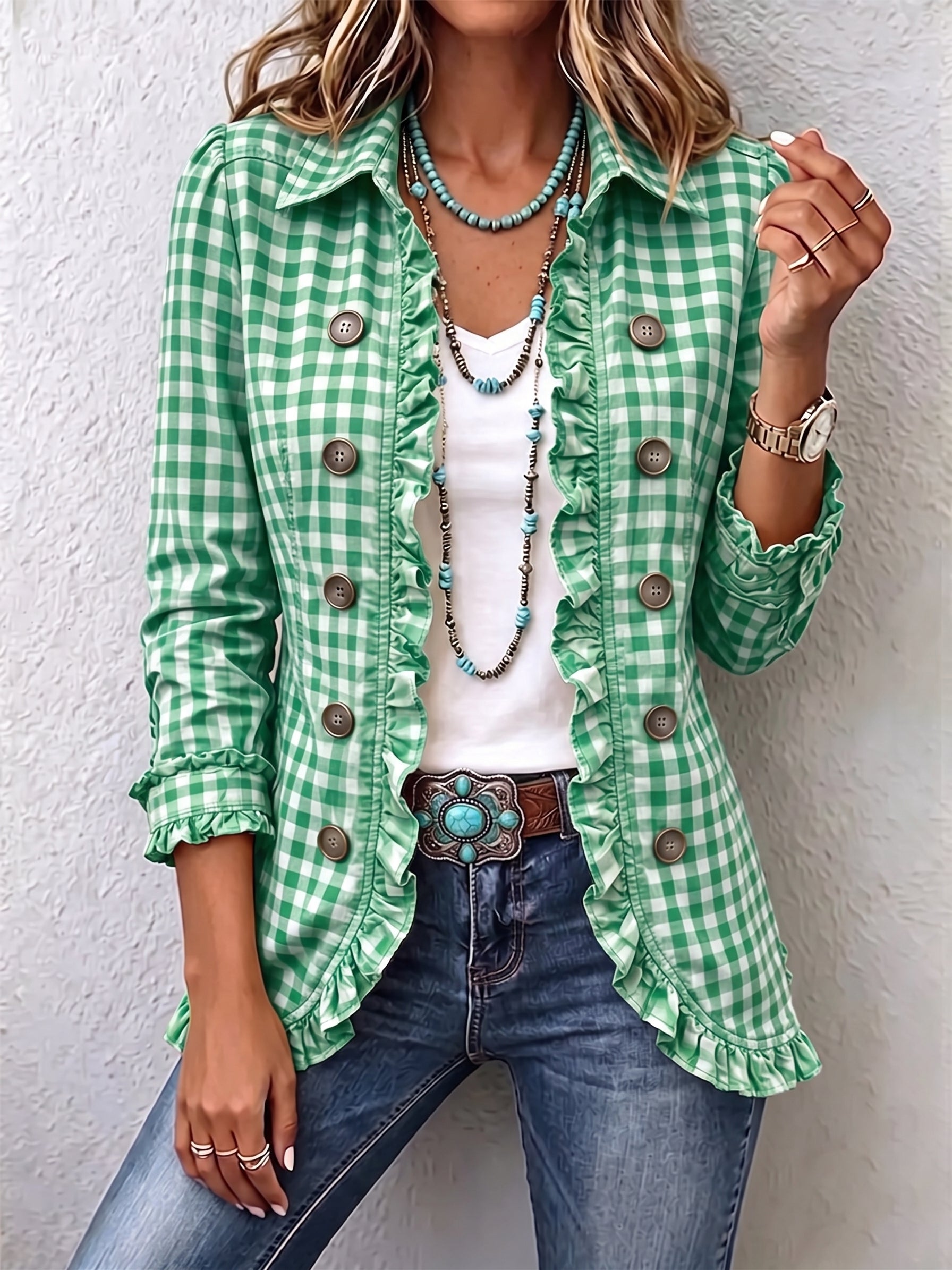 Charlene gingham ruffled button-down jacket with soft ruffle trim and a relaxed fit