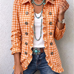 Charlene gingham ruffled button-down jacket with soft ruffle trim and a relaxed fit