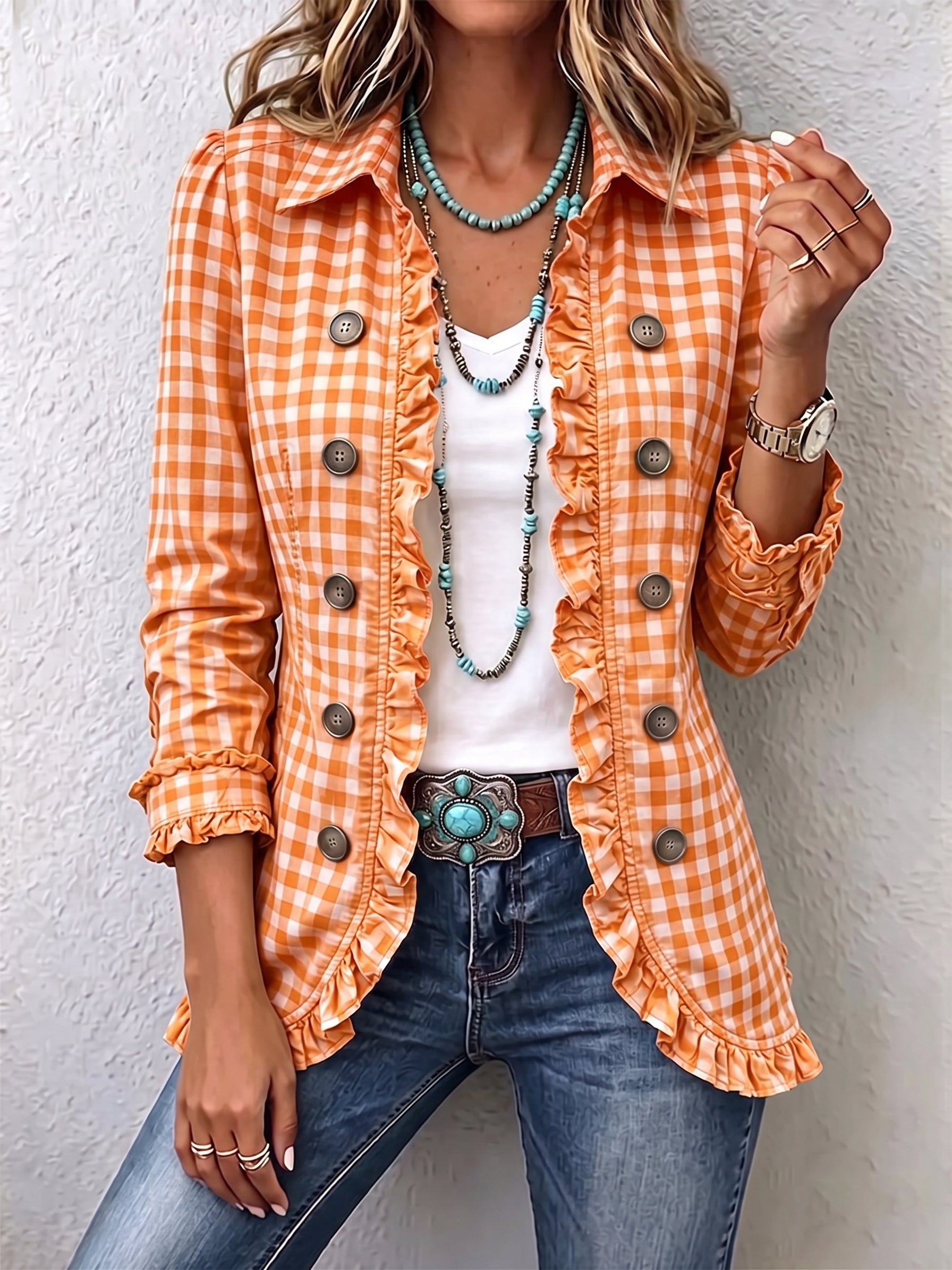 Charlene gingham ruffled button-down jacket with soft ruffle trim and a relaxed fit