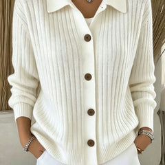 Blue ribbed collared button-down cardigan sweater with a relaxed fit