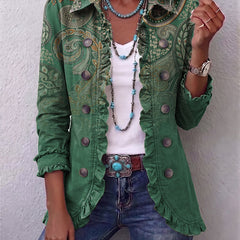 Green paisley print bohemian jacket with ruffle trim at placket, cuffs and hem