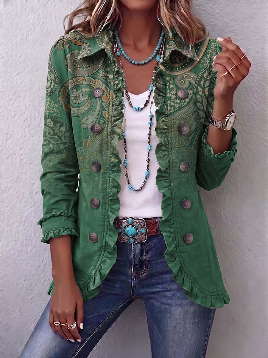 Green paisley print bohemian jacket with ruffle trim at placket, cuffs and hem
