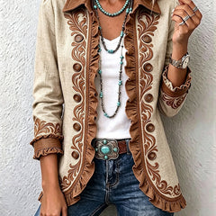 Tan and brown vintage floral embroidered ruffled open-front jacket for women