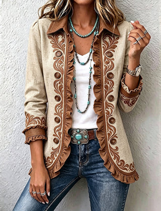 Tan and brown vintage floral embroidered ruffled open-front jacket for women